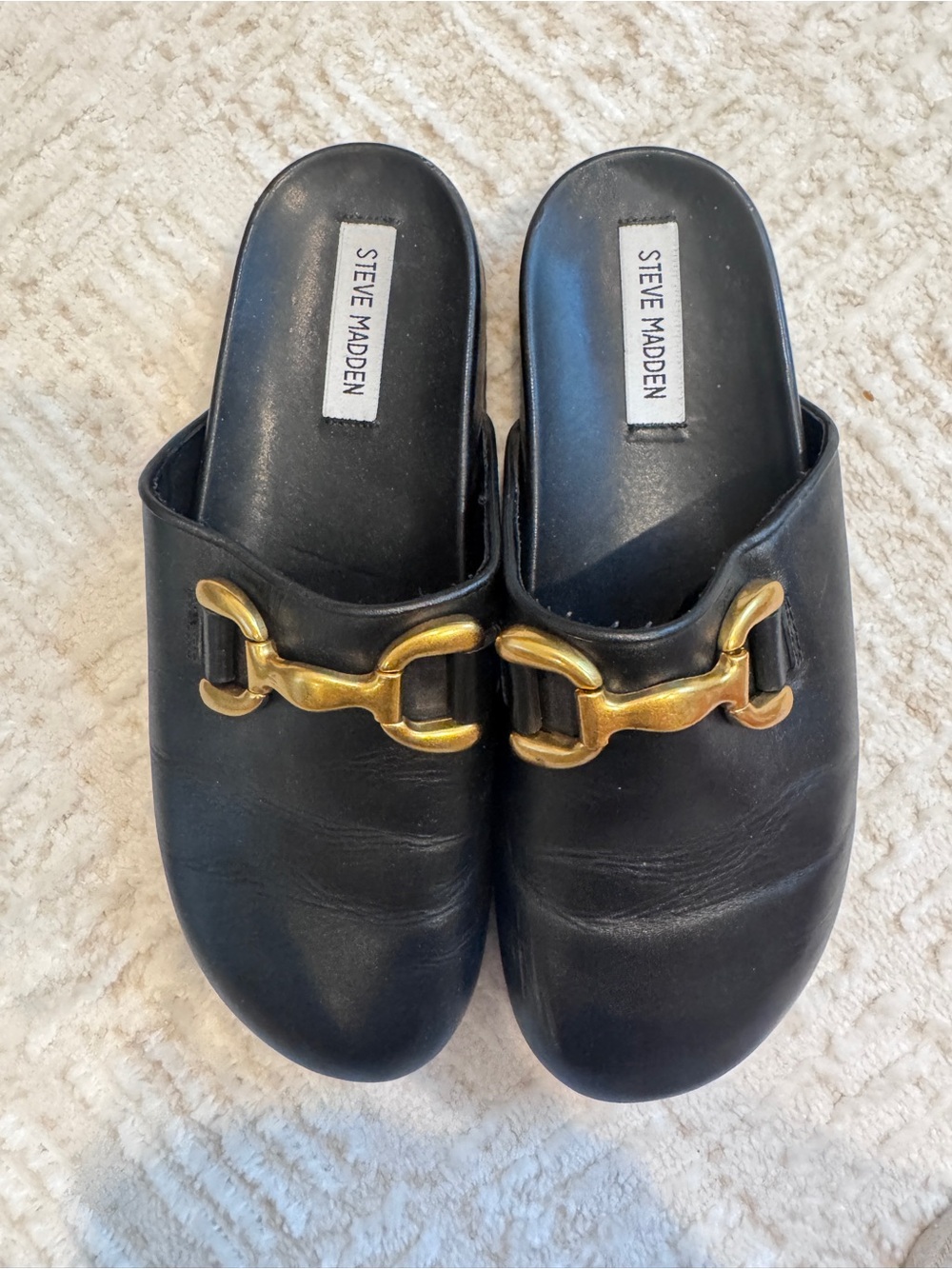 Steve Madden Black Leather Mules with Gold Tone Horsebit